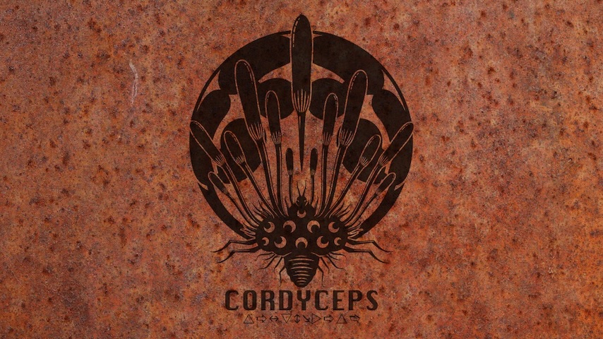 Cordyceps logo over a rusty metal shape.