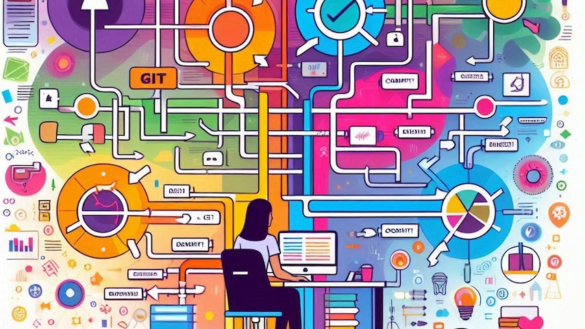 Illustration of a colorful worker with Git.