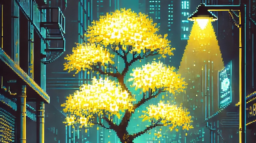 An 8-bit AI illustration of a yellow tabebuia tree.