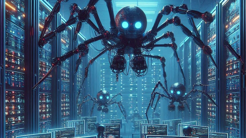 Illustration of a cyberpunk robot with spiders.