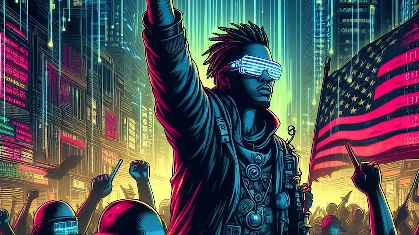 Illustration of a cyberpunk protester.