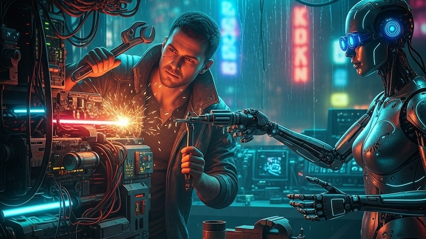 A robot assisting a human to fix a machine in a dark workshop.