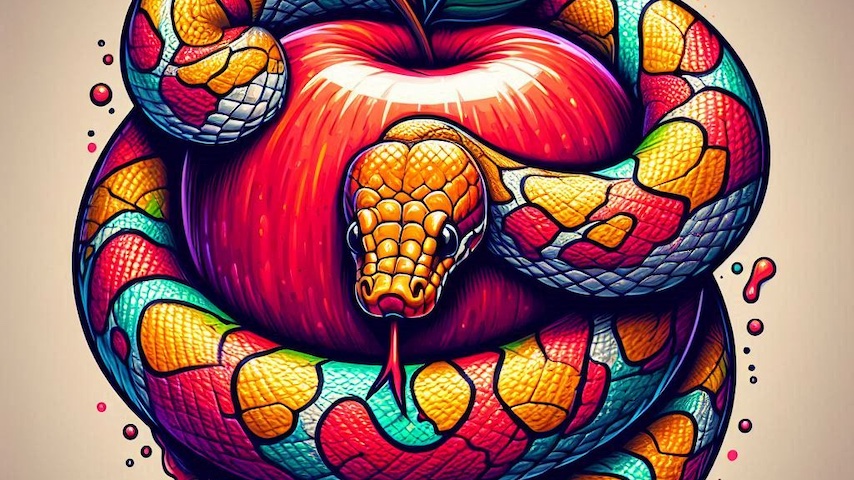 Illustration of Python wrapping an apple.