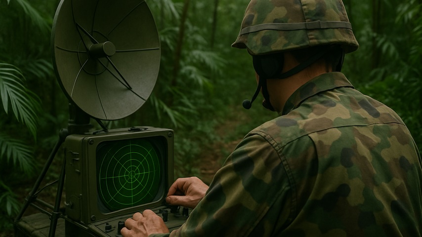Illustration of an army official detecting enemies in the jungle with a radar.