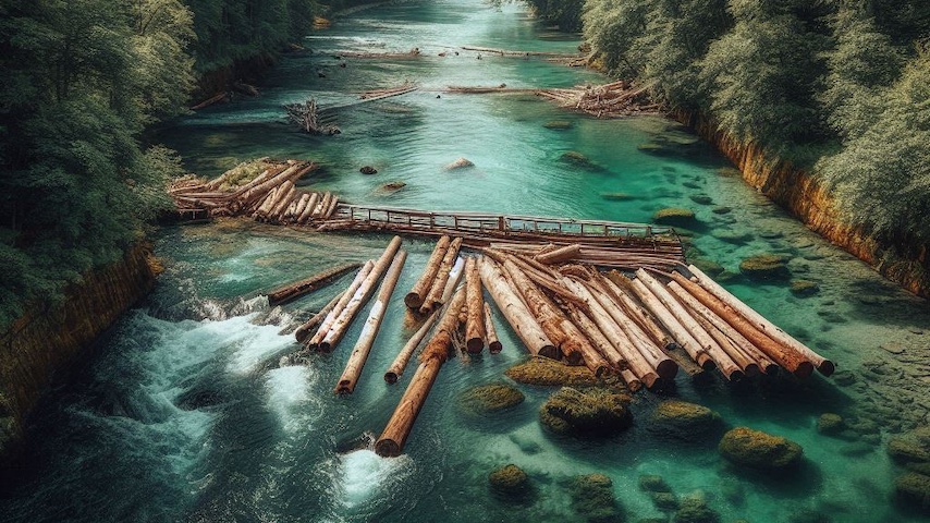 Illustration of logs flowing like a river.